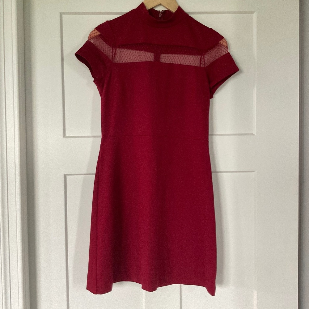 Red Wine Express Cocktail Dress With Sheer Lace across chest & arms